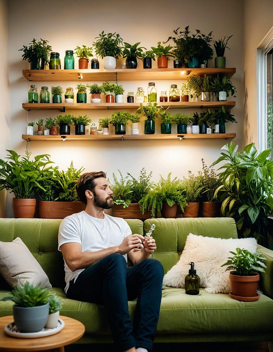 A serene, modern living room with soft lighting, where a person sits relaxed on a cozy couch inhaling from a sleek designer medical bong, surrounded by lush green plants. A shelf behind them showcases an array of herbs in stylish jars. The ambiance conveys calmness and healing. super-realistic. vibrant colors.
