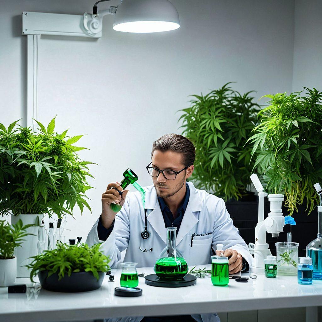 A meticulously crafted medical bong positioned on a clean, white laboratory table, with a backdrop of lush, green medicinal cannabis plants. Infused with a soft halo of glowing health symbols, a doctor in a white lab coat examines the bong closely. The surrounding atmosphere should feel sterile yet inviting, embodying a mix of scientific precision and natural wellness. super-realistic. vibrant colors. white background.