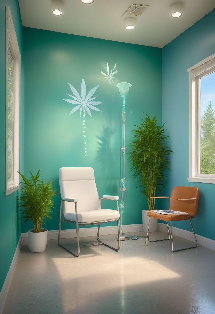A serene medical clinic room where a patient, looking relaxed and relieved, uses a therapeutic bong. Various images of cannabis leaves and a cross symbol indicating medical use are subtly integrated into the background. The room has soft lighting with soothing green and blue hues. Painting. vibrant colors. calm and healing atmosphere.